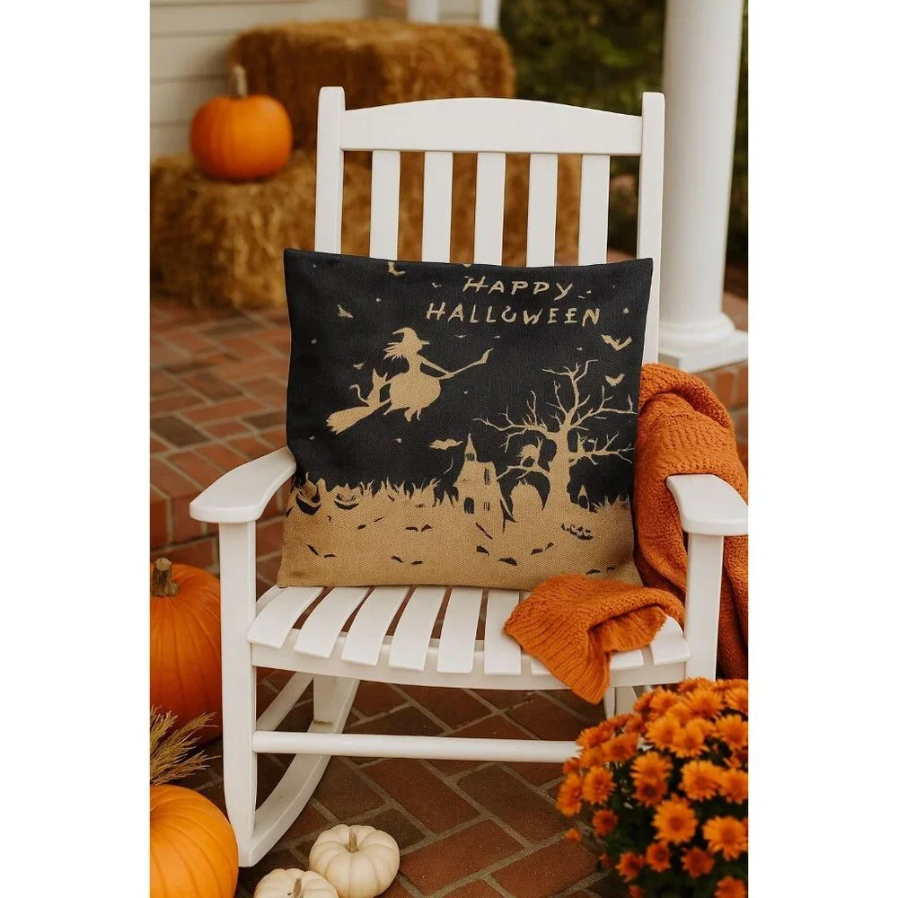 Halloween Burlap Pillow Cover Witches Haunted House Gothic Rustic Decor set of 2